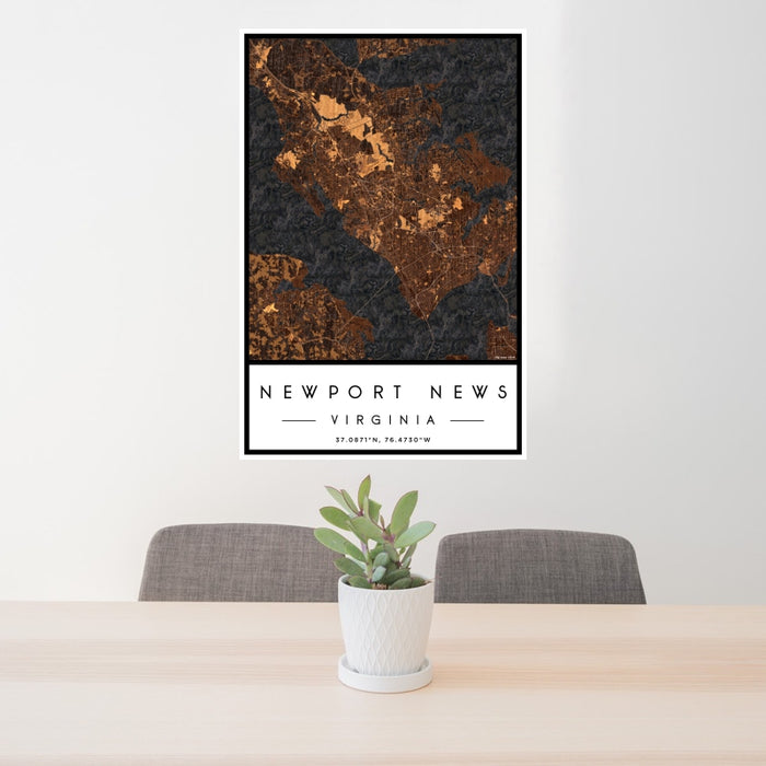 24x36 Newport News Virginia Map Print Portrait Orientation in Ember Style Behind 2 Chairs Table and Potted Plant