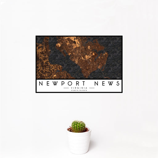 12x18 Newport News Virginia Map Print Landscape Orientation in Ember Style With Small Cactus Plant in White Planter