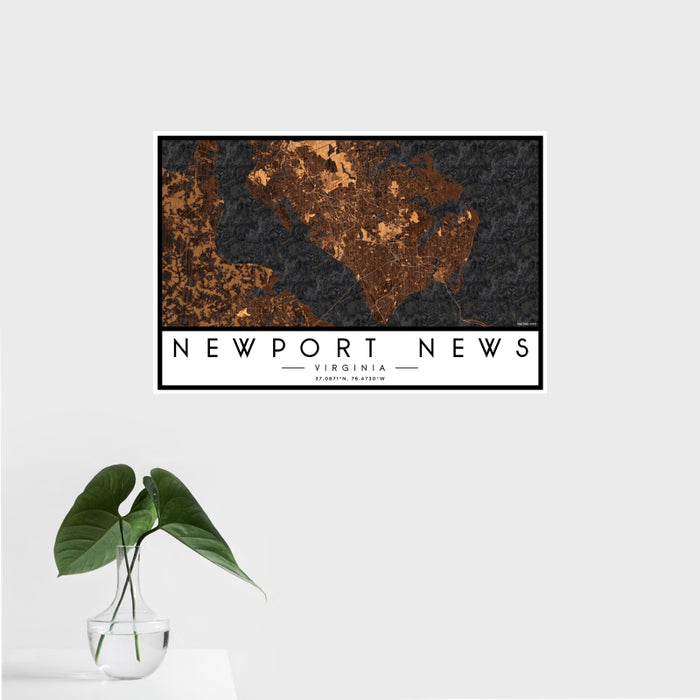16x24 Newport News Virginia Map Print Landscape Orientation in Ember Style With Tropical Plant Leaves in Water