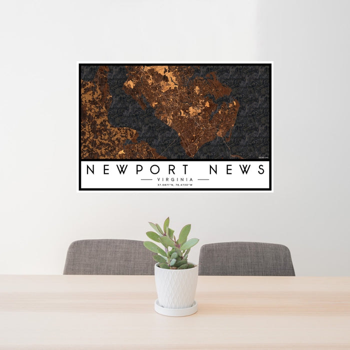 24x36 Newport News Virginia Map Print Landscape Orientation in Ember Style Behind 2 Chairs Table and Potted Plant