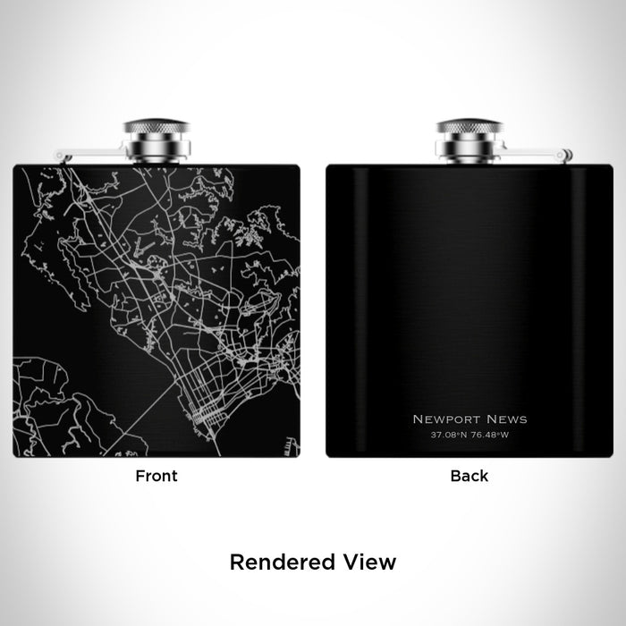 Rendered View of Newport News Virginia Map Engraving on 6oz Stainless Steel Flask in Black