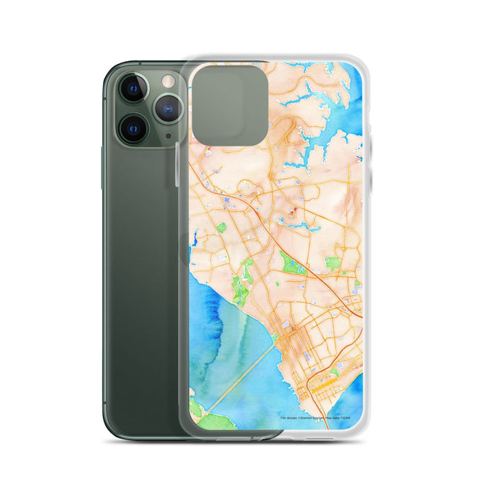 Custom Newport News Virginia Map Phone Case in Watercolor on Table with Laptop and Plant