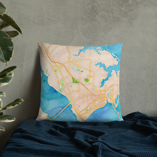 Custom Newport News Virginia Map Throw Pillow in Watercolor on Bedding Against Wall