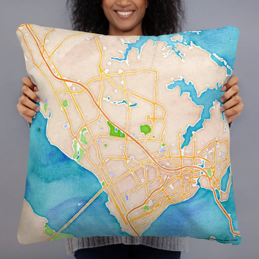 Person holding 22x22 Custom Newport News Virginia Map Throw Pillow in Watercolor