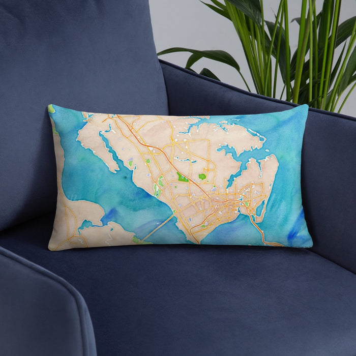 Custom Newport News Virginia Map Throw Pillow in Watercolor on Blue Colored Chair