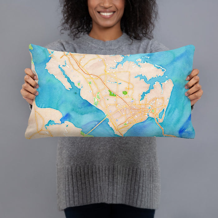 Person holding 20x12 Custom Newport News Virginia Map Throw Pillow in Watercolor
