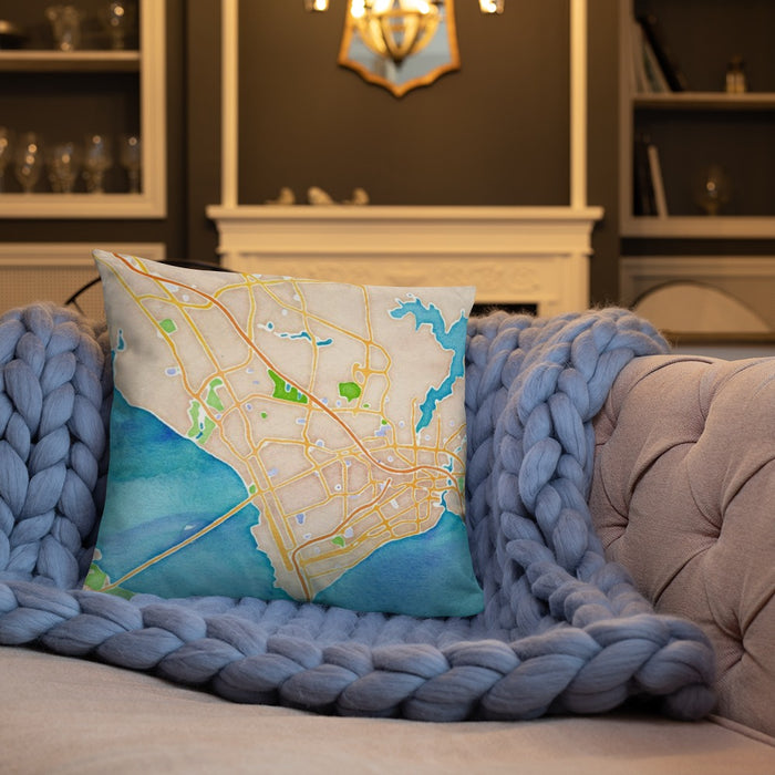 Custom Newport News Virginia Map Throw Pillow in Watercolor on Cream Colored Couch