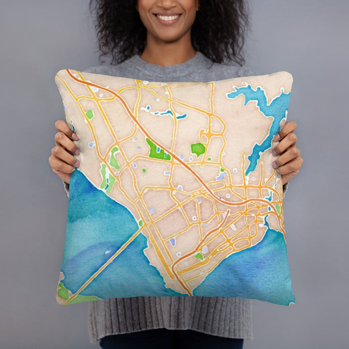 Person holding 18x18 Custom Newport News Virginia Map Throw Pillow in Watercolor