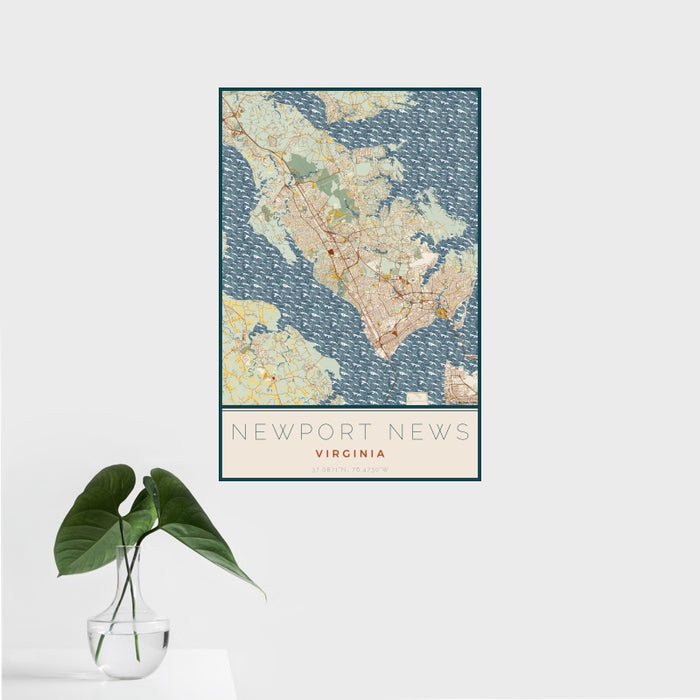 16x24 Newport News Virginia Map Print Portrait Orientation in Woodblock Style With Tropical Plant Leaves in Water