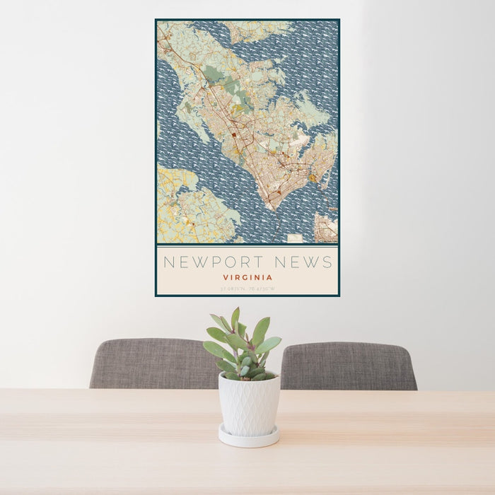 24x36 Newport News Virginia Map Print Portrait Orientation in Woodblock Style Behind 2 Chairs Table and Potted Plant