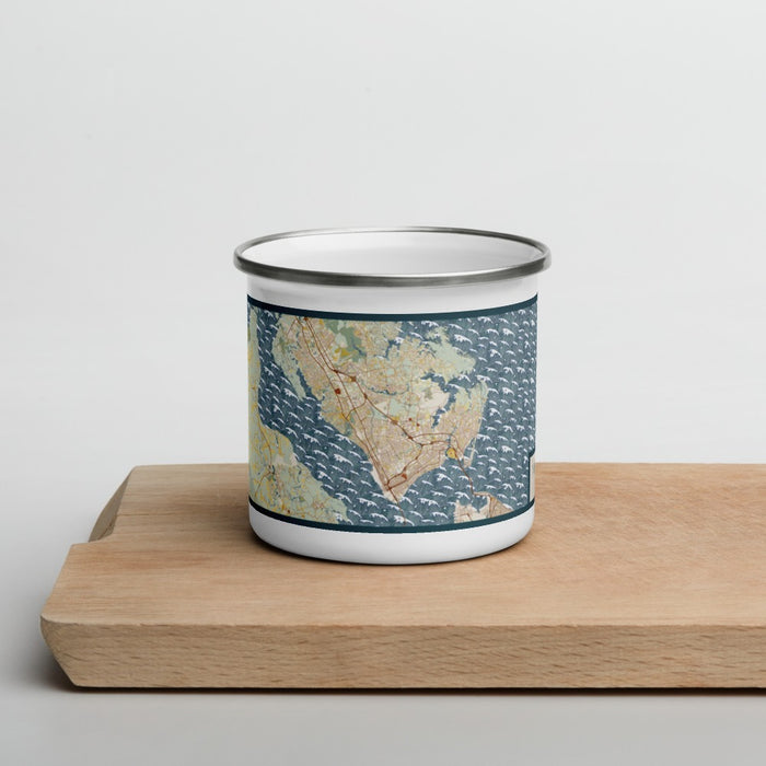 Front View Custom Newport News Virginia Map Enamel Mug in Woodblock on Cutting Board