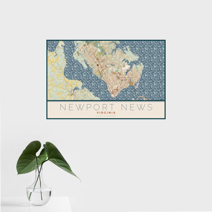 16x24 Newport News Virginia Map Print Landscape Orientation in Woodblock Style With Tropical Plant Leaves in Water
