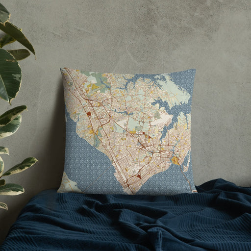 Custom Newport News Virginia Map Throw Pillow in Woodblock on Bedding Against Wall