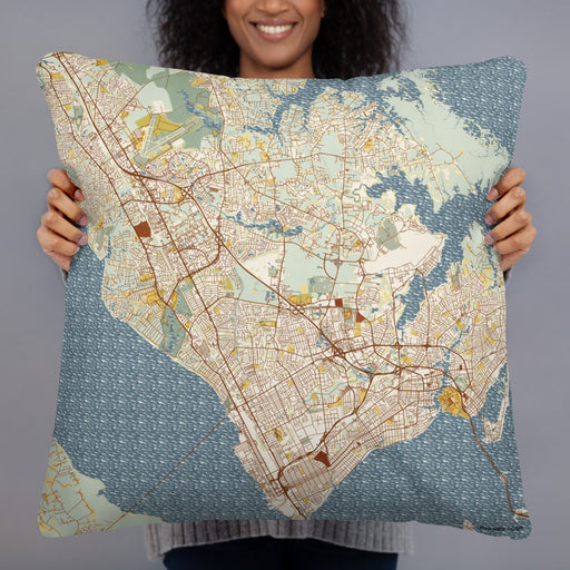 Person holding 22x22 Custom Newport News Virginia Map Throw Pillow in Woodblock