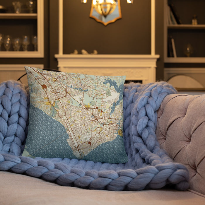 Custom Newport News Virginia Map Throw Pillow in Woodblock on Cream Colored Couch