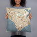 Person holding 18x18 Custom Newport News Virginia Map Throw Pillow in Woodblock