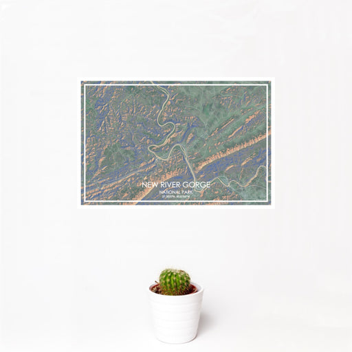12x18 New River Gorge National Park Map Print Landscape Orientation in Afternoon Style With Small Cactus Plant in White Planter
