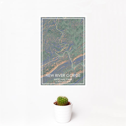 12x18 New River Gorge National Park Map Print Portrait Orientation in Afternoon Style With Small Cactus Plant in White Planter