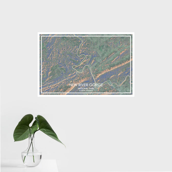 16x24 New River Gorge National Park Map Print Landscape Orientation in Afternoon Style With Tropical Plant Leaves in Water