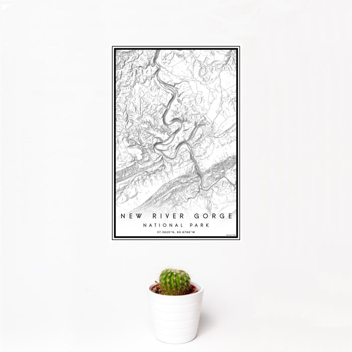 12x18 New River Gorge National Park Map Print Portrait Orientation in Classic Style With Small Cactus Plant in White Planter