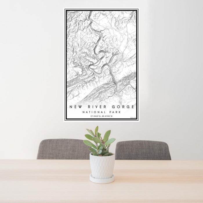 24x36 New River Gorge National Park Map Print Portrait Orientation in Classic Style Behind 2 Chairs Table and Potted Plant
