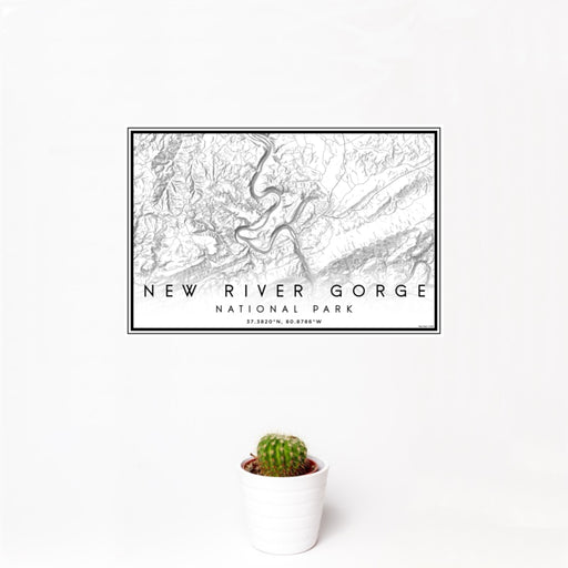 12x18 New River Gorge National Park Map Print Landscape Orientation in Classic Style With Small Cactus Plant in White Planter