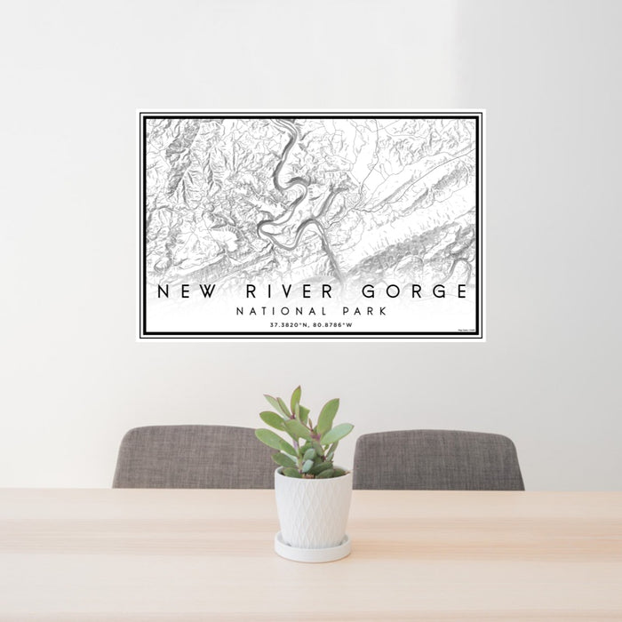 24x36 New River Gorge National Park Map Print Landscape Orientation in Classic Style Behind 2 Chairs Table and Potted Plant