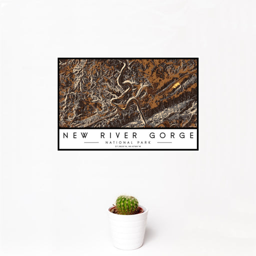 12x18 New River Gorge National Park Map Print Landscape Orientation in Ember Style With Small Cactus Plant in White Planter