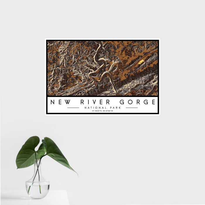 16x24 New River Gorge National Park Map Print Landscape Orientation in Ember Style With Tropical Plant Leaves in Water