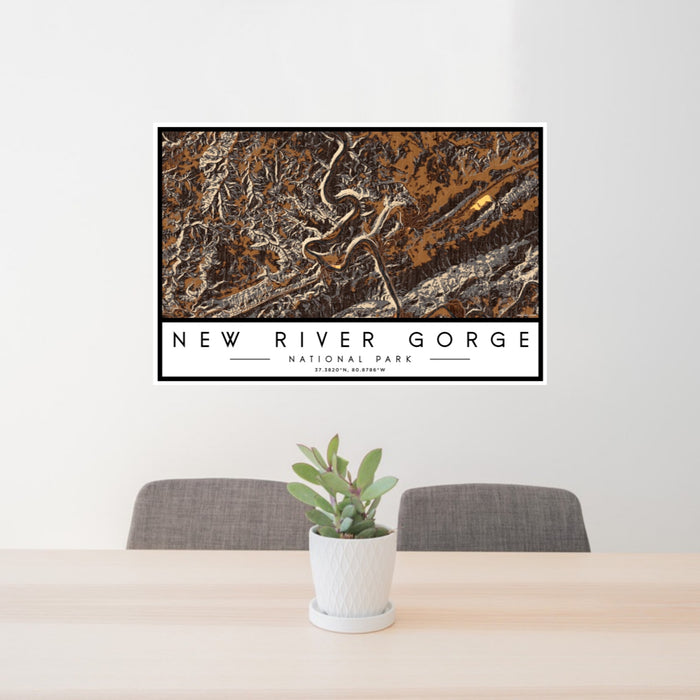 24x36 New River Gorge National Park Map Print Landscape Orientation in Ember Style Behind 2 Chairs Table and Potted Plant