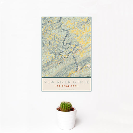 12x18 New River Gorge National Park Map Print Portrait Orientation in Woodblock Style With Small Cactus Plant in White Planter