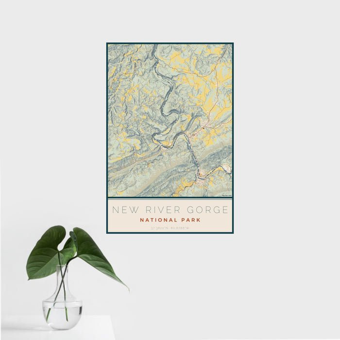16x24 New River Gorge National Park Map Print Portrait Orientation in Woodblock Style With Tropical Plant Leaves in Water