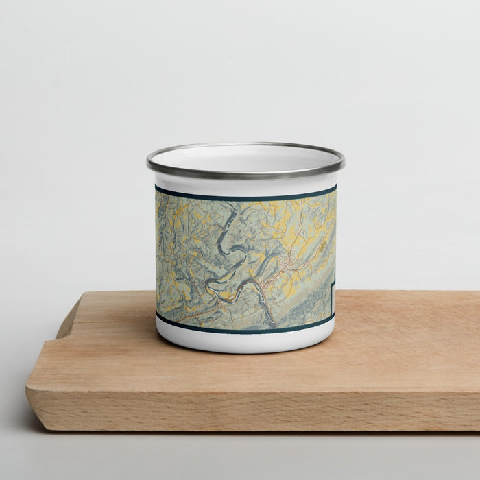 Front View Custom New River Gorge National Park Map Enamel Mug in Woodblock on Cutting Board