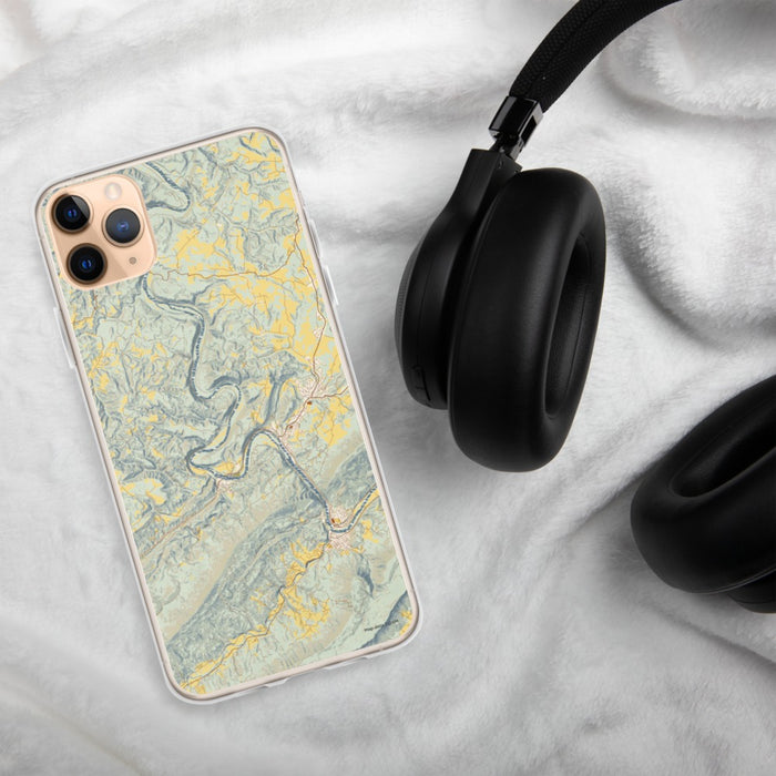 Custom New River Gorge National Park Map Phone Case in Woodblock on Table with Black Headphones