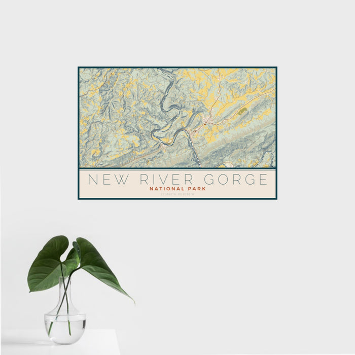 16x24 New River Gorge National Park Map Print Landscape Orientation in Woodblock Style With Tropical Plant Leaves in Water