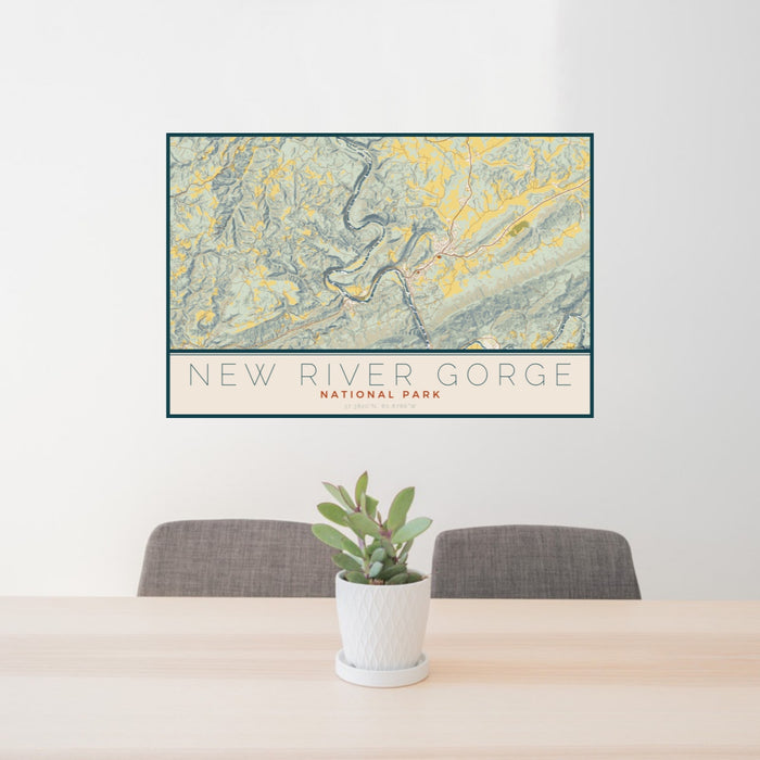 24x36 New River Gorge National Park Map Print Landscape Orientation in Woodblock Style Behind 2 Chairs Table and Potted Plant