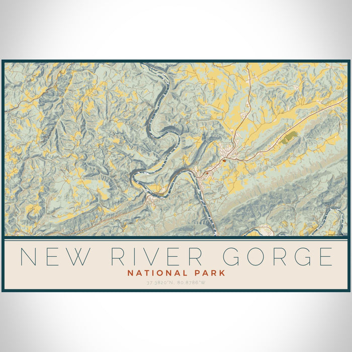 New River Gorge National Park Map Print Landscape Orientation in Woodblock Style With Shaded Background