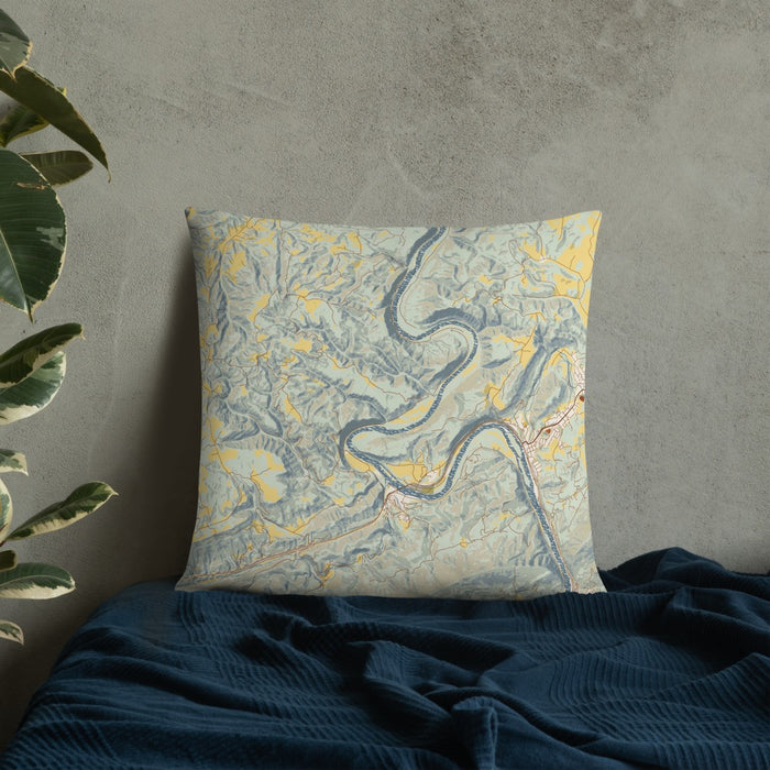 Custom New River Gorge National Park Map Throw Pillow in Woodblock on Bedding Against Wall