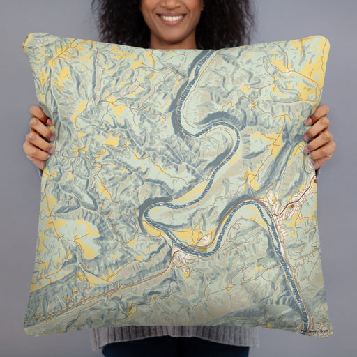 Person holding 22x22 Custom New River Gorge National Park Map Throw Pillow in Woodblock