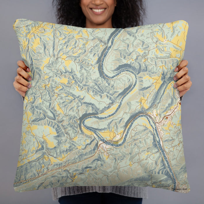 Person holding 22x22 Custom New River Gorge National Park Map Throw Pillow in Woodblock