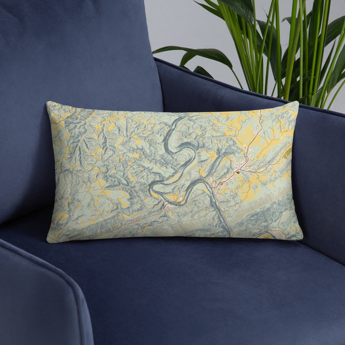 Custom New River Gorge National Park Map Throw Pillow in Woodblock on Blue Colored Chair