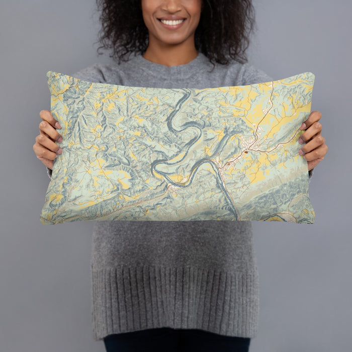 Person holding 20x12 Custom New River Gorge National Park Map Throw Pillow in Woodblock