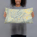 Person holding 20x12 Custom New River Gorge National Park Map Throw Pillow in Woodblock