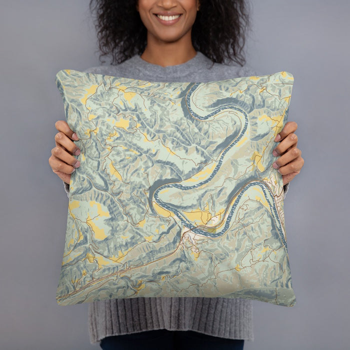 Person holding 18x18 Custom New River Gorge National Park Map Throw Pillow in Woodblock