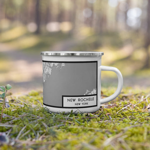 Right View Custom New Rochelle New York Map Enamel Mug in Classic on Grass With Trees in Background