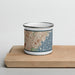 Front View Custom New Rochelle New York Map Enamel Mug in Woodblock on Cutting Board