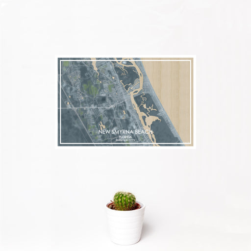 12x18 New Smyrna Beach Florida Map Print Landscape Orientation in Afternoon Style With Small Cactus Plant in White Planter