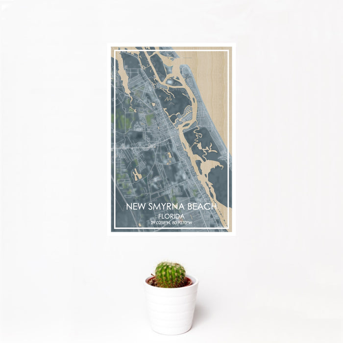 12x18 New Smyrna Beach Florida Map Print Portrait Orientation in Afternoon Style With Small Cactus Plant in White Planter