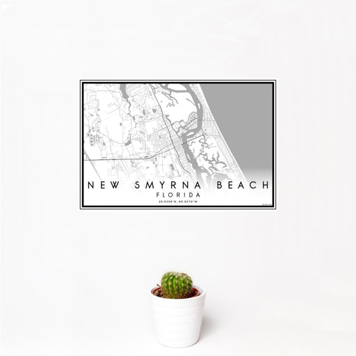 12x18 New Smyrna Beach Florida Map Print Landscape Orientation in Classic Style With Small Cactus Plant in White Planter