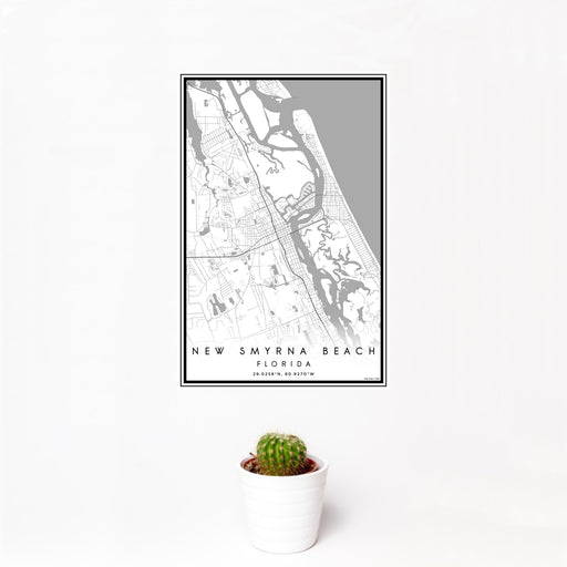 12x18 New Smyrna Beach Florida Map Print Portrait Orientation in Classic Style With Small Cactus Plant in White Planter